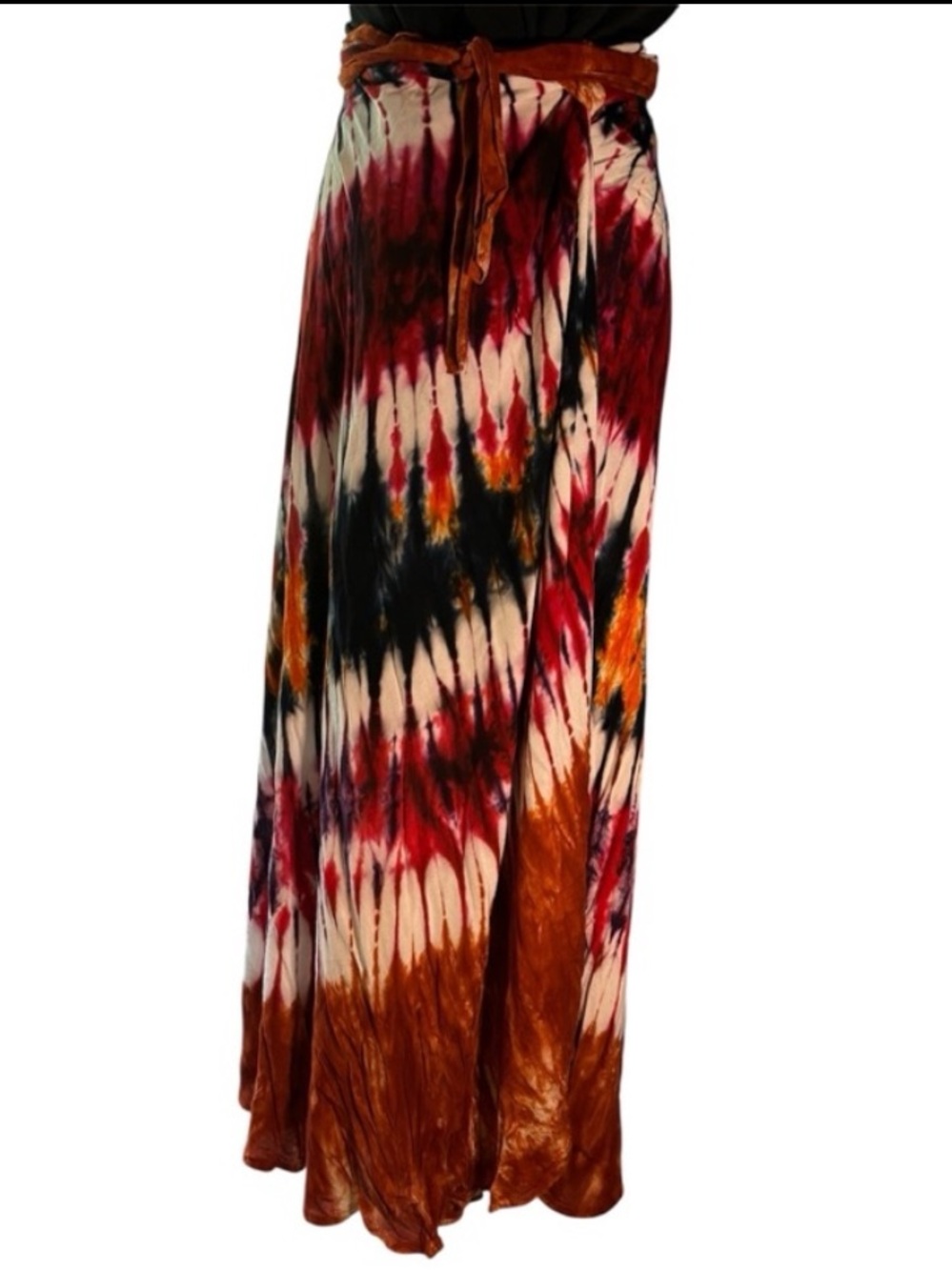 Boho Tie-Dye Wrap Skirt | Red Brown Black Maxi Skirt | Flowy Adjustable